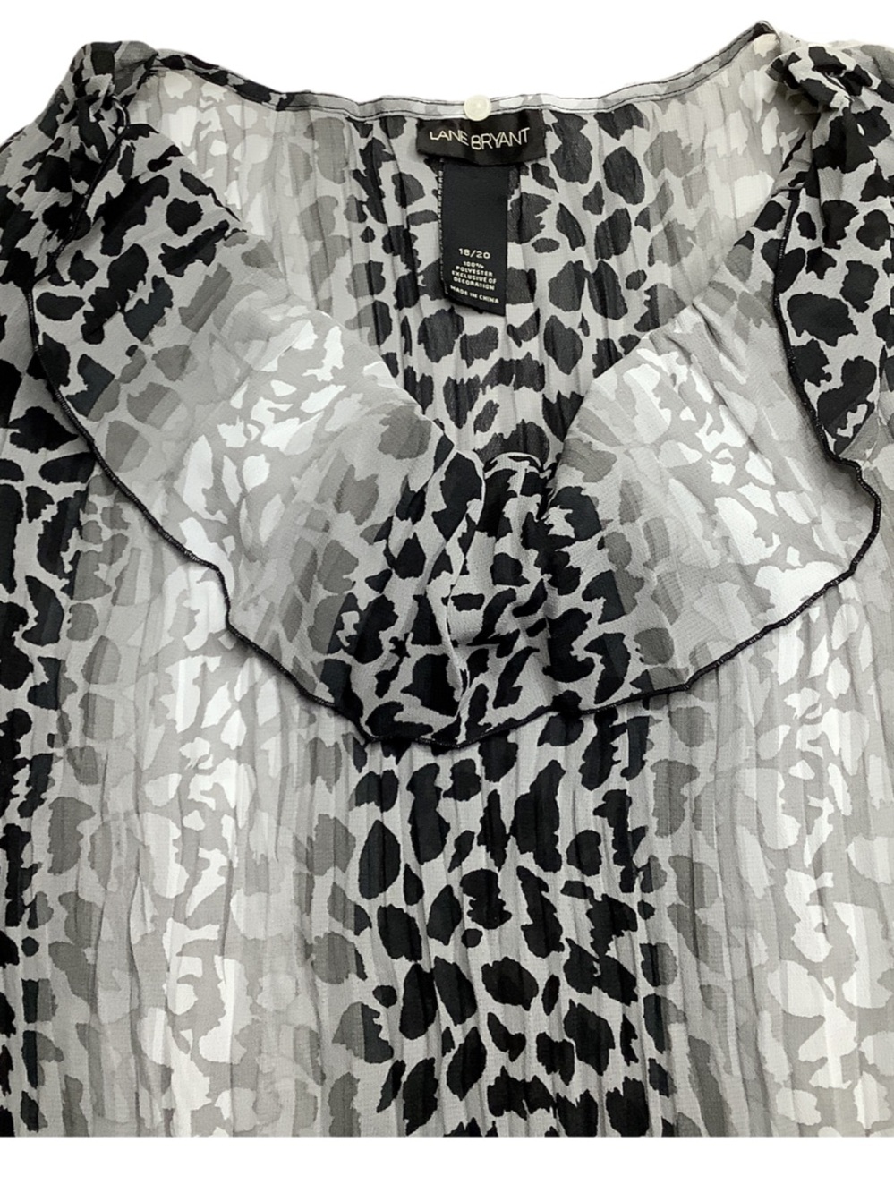 Lane Bryant Black and Gray Sheer Animal Print Ruffle Blouse
